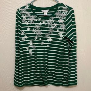 Christopher & Banks Green/white striped pearl snowflake long sleeve ribbed tee